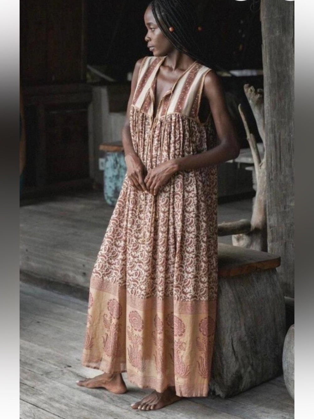 Daughters of India Taupe and Pink Printed Maxi Dress